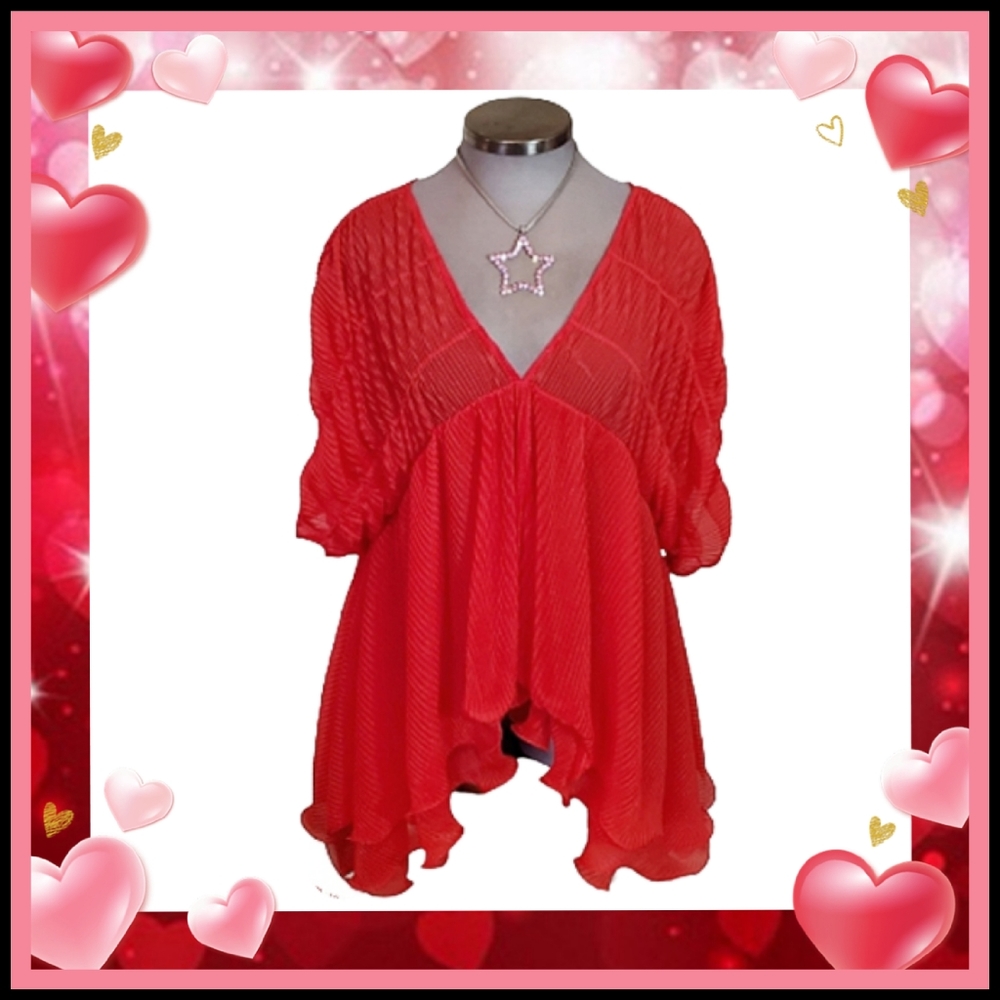 RED PLEATED ☆ EMPIRE BODICE BABYDOLL TOP ☆ 3X/4X ☆ NWOT